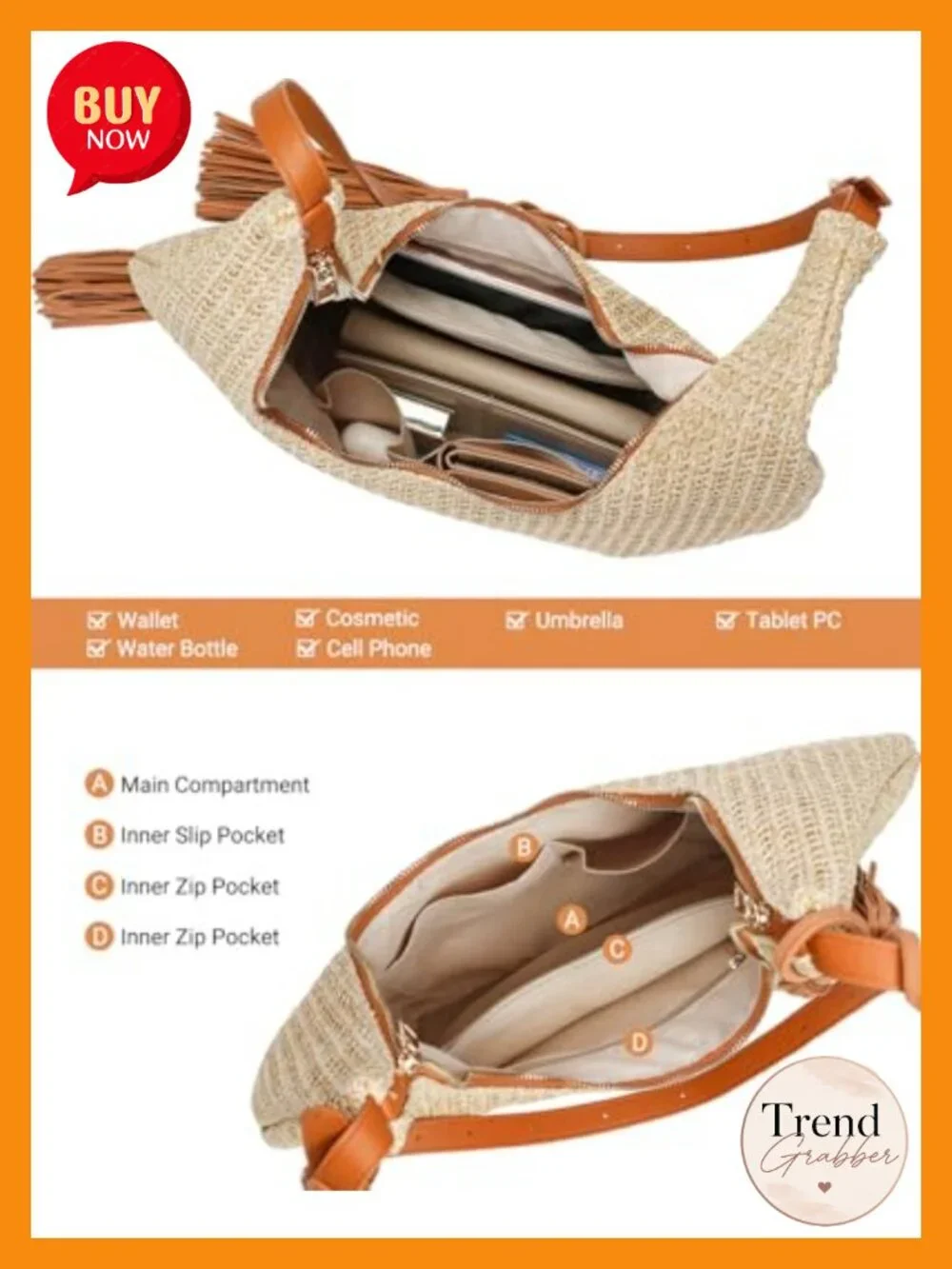 Handwoven Straw Hobo Shoulder Bag with Tassel, Adjustable Crossbody